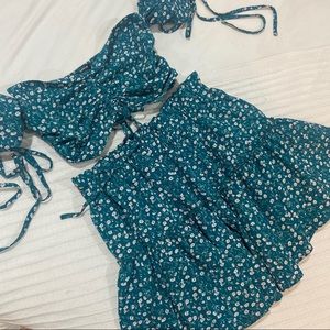 Teal floral two piece skirt set